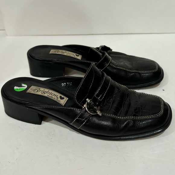 BRIGHTON Women’s Black Leather Round Toe Low Heel Slip On Mules - size 7 - Picture 5 of 7